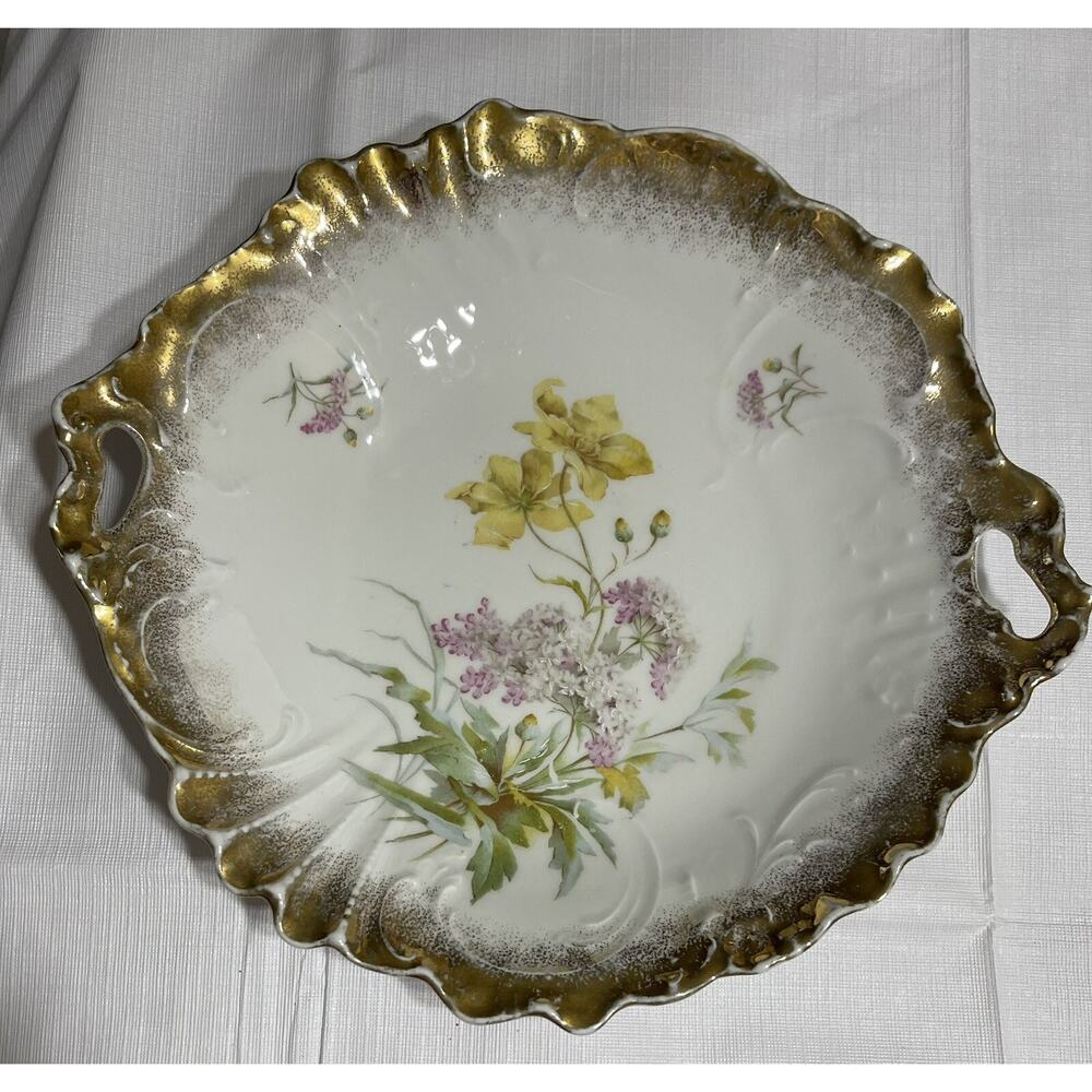 CT Carl Tielsch Germany Purple Yellow Floral Gilt Porcelain‎ Shallow Bowl